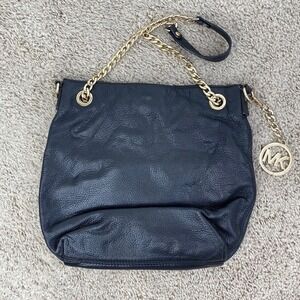 Michael Kors Shoulder Bag Black Leather Slouchy Chain MK Charm Gold Tone Purse